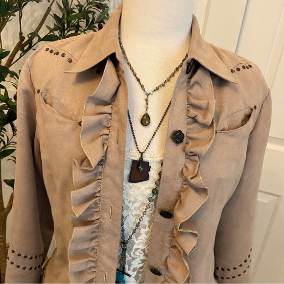 Faux Suede Ruffled Tan Jacket Metal Stud Accents - Picture 6 of 10